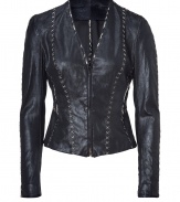 With a tailored fit and decorative stitching, this Donna Karan leather jacket is a worthy investment -V-neck, front zip closure, fitted silhouette, seaming detail with decorative stitching - Wear with an elevated jeans-and-tee ensemble or paired with a pencil skirt and blouse