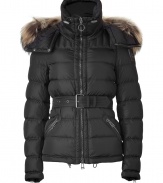 Stay warm in high style with this ultra-luxe down jacket from Belstaff - Stand collar, fur-trimmed hood with snaps and toggle, front zip closure, belted waist, zip pockets and cuffs - Style with skinny jeans and over-the-knee boots