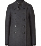 Classically refined style is effortlessly achieved with Belstaffs chic update on the tried-and-true pea coat - Large spread collar, double-breasted silhouette, front button placket, flap pockets, zipper cuffs, flared fit - Style with jeans, a tee, and lace-up suede booties