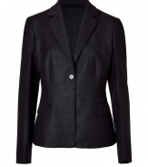 Luxurious blazer in fine, charcoal-gray heather wool-cashmere blend - Exclusive quality in a classic cut makes it a must-have for any professional wardrobe - Narrow-waisted with moderately deep lapels, one-button closure and flap pockets - Looks great with drainpipe pants and heels, or over a sheath dress