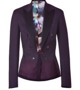 Equestrian chic proved one of the seasons most wearable trends, and this plum riding jacket from Paul Smith undoubtedly ups the ante on manor-worthy elegance - Slim, fitted cut tapers through waist - Small collar, wide contrast lapels and two rows of buttons - Extended, pleated back panel creates a gentle peplum effect - Lush, multicolor graphic print lining - Seamlessly transitions from work to evening cocktails, parties and dinners - Pair with leather pants or pencil skirts, skinny dark denim or suit trousers