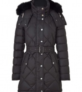 Ultra-luxe and undeniably stylish, this fitted down jacket from Burberry Brit will elevate any cold weather look - Stand collar with snaps, concealed zip closure, snap front placket, hood with fox fur trim, long sleeves, quilted, flap pockets with snaps, belted waist, fitted silhouette - Style with skinny jeans, a cashmere cardigan, and over-the-knee boots