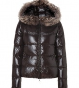 Stay warm while maintaining your impeccable style in this lightweight yet luxe down jacket from Duvetica - Fur-lined hood, front two-way zip closure, long sleeves, zip pockets, quilted - Wear with an elevated jeans-and-tee ensemble and shearling lined boots