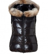 Stay warm while maintaining your impeccable style in this lightweight yet luxe down vest from Duvetica - Fur-lined hood, front two-way zip closure, sleeveless, zip pockets, quilted - Wear with an elevated jeans-and-tee ensemble and shearling lined boots