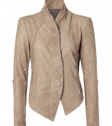 Sophisticated jacket in fine leather with a trendy worn look - Elegant in warm beige - Sleek with sharp-cut silhouette, short back and narrow fit - With high neck and concealed fastener strip - Long sleeves - Decorative seams - Feminine and sexy in the day or evening - Try in place of a blazer for the office with a pencil skirt and blouse, or with jeans and boots for a more causal look - A lifetime investment piece