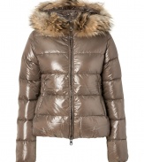 Sporty goes chic with this luxe fur-trimmed lightweight down jacket from Duvetica - Fur-trimmed hood, long sleeves dual-zipper front closure, zip pockets, quilted, slim fit - Wear with an oversized pullover leather leggings or skinny jeans, and ankle booties