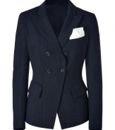 With its denim-effect stripey wool and ultra-modern cut, DKNYs high-low blazer is a cool choice for dressing up edgy menswear-inspired looks - Peaked lapel, long sleeves, flap and front slit pockets, double-breasted button closures, high-low hemline - Sharply tailored fit - Wear with immaculate separates and sleek leather accessories