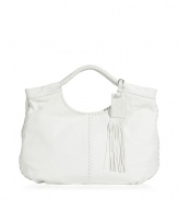 Gorgeous double-handle calfskin hobo is a must-have summer handbag - Brilliant white calfskin is buttery soft and luxurious - Features thoughtful, braided stitching at steams, small luggage tag and leather fringe tassel - Wide opening for easy access - Two interior pockets and cell phone pouch - Carry with a summery sundress and cork-bottom wedges