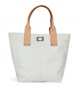 Chic handbag in fine, pure white snake embossed leather - Practical tote style with two short, contrast beige handles - Open top and magnetic closure - Tonal topstitching, alloy hardware and logo plaque at center - Fully lined, with one zip and two open interior pockets - Height: 14 - Width: 15 - Diameter: 7 - Versatile and stylish, seamlessly transitions from work to weekend