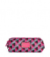 Tote around your makeup essentials in style with this geometric print cosmetic bag from Marc by Marc Jacobs - Narrow shape thats perfect for makeup brushes, top zip closure, front logo plaque, retro-inspired print and logo stitching details - Perfect for everyday use, travel, or as a thoughtful gift