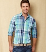 Get bold this season with a big plaid print one this woven shirt from Nautica.