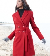 The classic chesterfield coat gets a dose of contemporary charm from Calvin Klein. The streamlined silhouette and sash-tie belt keep the look fresh.