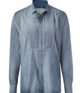 Ultra-stylish indigo destroyed denim shirt - This cotton-and-rayon-blend shirt can be worn casually or dressed up for night - Cool front pin-tuck details and hidden front buttons - Pair with slim trousers, a blazer, and boots for updated office attire - Try with black jeans, a leather jacket, and trainers