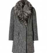 Ultra luxurious with a chic modern cut, Paule Kas fox fur collar coat is an elegant choice guaranteed to elevate your outfit - Tonal grey removable fox fur shawl collar, long sleeves, patch pockets, double-breasted snapped front, quilted lining - Softly fitted, straight silhouette - Team with sleek leather accessories and statement handbags