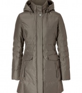 Stylish and sporty, Woolrichs quilted Trenton down coat is a must for cool weather looks - Stand-up collar, removable hood, long sleeves, fitted ribbed knit cuffs, hidden two-way front zip and snapped panel, snapped flap pockets, quilted - Softly tailored fit - A versatile, classic coat perfect for both city streets and country slopes