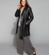 Avanti's plus size leather jacket has a chic, streamlined cut and longer length that works with pants, skirts and dresses. It's perfect for transitioning to colder weather.