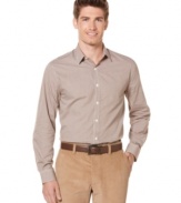 Look sharp in this slim fit plaid button down by Perry Ellis.