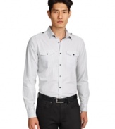 Epaulets and a subtle striped pattern give this Kenneth Cole New York button down a cool modern style.