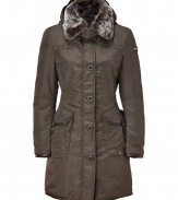 Military-inspired details inform this fitted fur-trimmed down coat from Peuterey- Hooded, large fur collar, concealed front zip closure with front button placket, long sleeves, slit pockets at chest, flap pockets at waist, slim fit, thigh length - Wear with a cashmere pullover, skinny jeans, and shearling-lined boots