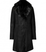 Radiate luxe appeal this season in Josephs exquisitely finished black lambskin coat - Notched fur collar, long sleeves, patchwork seaming, hidden front hook closures, side slit pockets, ultra warm fur interior - Tailored fit - Finish with sharply cut separates and covetable statement accessories