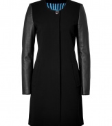 Elegant coat plays with texture for a sleek, modern look - Designed in synthetic fiber with lambskin sleeves - Features round neck, hidden button placket, side pockets and half-belt at back - Pair with elegant dresses and heels or slim jeans and ankle boots