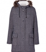 Warmth and style are no longer mutually exclusive with this schoolboy-inspired wool-blend hooded coat from Paul & Joe Sister - Faux-fur trimmed hood with drawstring, front button placket, hidden front zip, long sleeves, flap pockets, belted back sash, cream faux-shearling zip-in vest lining, quilted coat lining - Classic straight fit - Wear with an elevated jeans-and-tee ensemble or a pencil skirt and blouse combo