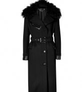 Work an ultra luxurious edge into your outerwear wardrobe with Belstaffs jet black cashmere trench, detailed with leather trim and a fur collar for that glamorous urban feel - Notched collar with black kalgan lamb fur lapel, long sleeves, leather cuffs, flap pockets, gun flap, double-breasted button-down front, belted waistline, back vent - Slim silhouette, tailored at the waist - Team with jet black accessories and statement leather totes