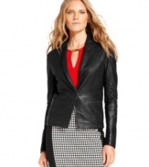 A stylish new twist on the classic leather jacket, MICHAEL Michael Kors introduces a sleek silhouette with a knit back for an easy, effortless fit. This must-have topper looks just right with everything in your closet.