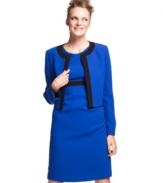 Make a bold move in the office: try out a tailored jacket from Kasper, rendered in cobalt blue and trimmed with sleek black.