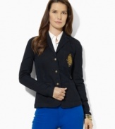 A wardrobe essential, Lauren Jeans Co.'s chic three-button blazer is crafted in stretch denim and finished with a signature crest at the chest.