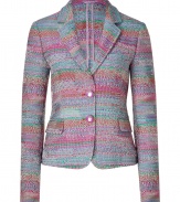 Vibrant fuchsia and teal multicolor short coat - Bring a colorful pop to any ensemble with this luxe blazer - Notched lapel, two-button front closure, flap pockets, multicolor pattern - Style with a tie-neck blouse, flared jeans, and platform boots