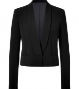 Get the of-the-moment look with this chic cropped blazer from Joseph - Narrow lapels, zipper and single button front closure, cropped silhouette, front slit pockets - Style with a tie-neck blouse, cropped skinny trousers, and platform heels