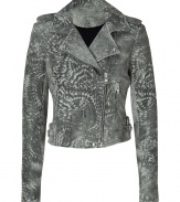 Luxe jacket in pure, supple grey and white patterned lambskin - Chic, curve-hugging moto cut crops at hips - Offset zipper closure, long sleeves and wide lapels - Epaulets and zip and flap pockets - A sexy, feminine spin on a slick, masculine staple - Ultra-versatile style works day or evening - Pair with just about anything in your wardrobe, from pencil skirts and skinny jeans to suit trousers and boho dresses