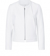 Stylish jacket in fine, pure white textured cotton - Soft yet durable, medium weight material has a chic, textured effect - On-trend, slim cut crops at hips - Long sleeves, full zip and round neck - Casually elegant, perfect for topping off dressy t-shirts and tanks or silk blouses - Pair with pencil skirts, wide leg trousers or cropped chinos