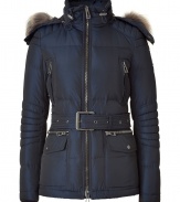 Stay warm in high style with this ultra-luxe down jacket from Belstaff - Stand collar, luxe fur-trimmed hood with snaps and toggle, front zip closure, quilting at shoulders and on sleeves, belted waist, zip pockets and cuffs, flap hip pockets - Style with skinny jeans and shearling booties