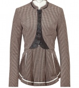 For a modern riff on classic equestrian chic (one of the seasons hottest trends), try McQ Alexander McQueens elegant cotton and wool blend riding jacket - Slim, tailored silhouette nips at waist - Traditional brown houndstooth motif - Leather accents at elbows, neckline and button placket - Small stand up collar, decorative buttons and pleat detail at back - Pair with slim trousers, skinny denim and tall boots or ankle booties