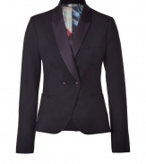 A structured blazer adds a touch of tailored chic to any wardrobe, and this black wool jacket from Paul Smith toes the line between masculine cool and feminine polish - Slim, double-breasted cut tapers through waist - Small collar and contrast, medium width plum lapels - Elegant, two-button closure and two welt pockets - Long sleeves bell gently at cuffs and fasten with buttons - Rear vent - Lush, graphic print lining - Seamlessly transitions from work to evening cocktails, parties and dinners - Pair with leather pants or pencil skirts, skinny dark denim or suit trousers