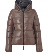 A sleek outer shell and vibrant contrast lining lend this Duvetica down jacket its sporty and stylish edge - In a lighter weight, wind- and water-resistant dark taupe polyamide with black trim - Slim cut tapers through waist and fits close to the body for extra warmth - Full zip, hood and oversize diagonal zippered pockets at front - Perfect for cold weather casual looks - Pair with denim, leggings and cords