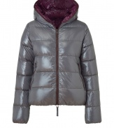 A sleek outer shell and vibrant contrast lining lend this Duvetica down jacket its sporty and stylish edge - In a lighter weight, wind- and water-resistant grey polyamide with brown trim - Slim cut tapers through waist and fits close to the body for extra warmth - Full zip, hood and oversize diagonal zippered pockets at front - Perfect for cold weather casual looks - Pair with denim, leggings and cords