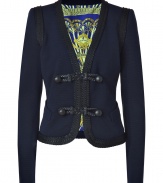 Luxurious jacket made ​.​.of fine rayon-nylon blend - From the iconic Italian label Emilio Pucci, with designer Peter Dundas - High-fashion Spanish bullfighter-inspired design in classic navy blue - Short and fitted with emphasized shoulders - Toggle closures - Colorful lining in signature brand pattern - Wear for special occasion with a pencil skirt, skinny jeans and platform heels or sandals