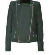 With a feminine bold-shoulder silhouette, this biker-inspired leather jacket from Balmain is a guaranteed statement-maker - Square neckline, accentuated shoulders, dual-zip front closure, zip pockets with stud details, long sleeves with wide button cuffs, decorative flap at back yoke, fitted silhouette - Style with a blouse and a pencil skirt or with skinny jeans, a tee, and heels