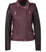 Toughen up your new-season style in this bold two-tone biker-inspired leather jacket from Iro - Classic motorcycle styling, spread collar, epaulets, asymmetrical zip closure, zip pockets and cuffs, side buckle details, contrasting grey sleeves and trim - Fitted - Wear with an elevated jeans-and-tee ensemble or a flirty frock and heels