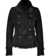 Timeless classic styling gets a chic urban remake in Burberry Londons jet black shearling jacket, tailored to perfection with an impeccable short cut - Fur collar, long sleeves, belted cuffs, double-breasted buttoned front, epaulettes, gun flap, rain shield, belted waistline, belt loops, tailored fit - Pair with edgy separates and contemporary color-pop footwear