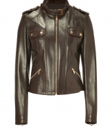 The always favorite biker jacket gets an ultra luxurious remake in Michael Kors chocolate leather silhouette, cut to perfection for a close, flattering fit - Belted stand-up collar, long sleeves, zippered cuffs, front zip, snapped and zippered pockets, epaulettes, form-fitting - Pair with mini skirts and sleek ankle boots