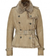 Timeless classic styling gets a chic urban remake in Burberry Londons camel shearling jacket, tailored to perfection with an impeccable short cut - Fur collar, long sleeves, belted cuffs, double-breasted buttoned front, epaulettes, gun flap, rain shield, belted waistline, belt loops, tailored fit - Pair with edgy separates and contemporary color-pop footwear