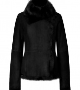 Radiate luxe appeal this season in Josephs exquisitely finished black lambskin jacket - Fold-over fur collar, long sleeves, patchwork seaming, hidden front closures, side slit pockets, ultra warm fur interior - Finish with tailored separates and covetable statement accessories