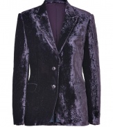 Work a dandy edge into your rocker-chic look with Paul Smiths impossibly cool crushed velvet blazer - Peaked lapel, long sleeves, buttoned cuffs, flapped front pockets, buttoned front, back vent, tailored fit - Team with crisply tailored shirts and edgy leather separates