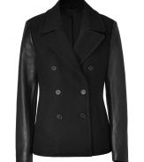 An ultra luxe iteration of the classic pea coat, Neil Barretts leather sleeved silhouette is a contemporary-chic choice tailored to multi-season sophistication - Notched collar, long leather sleeves, double-breasted button-down front, side slit pockets, stitched back sash, double back vents - Slightly shorter, A-line silhouette - Layer over tailored sheath dresses with heels and matching leather accessories