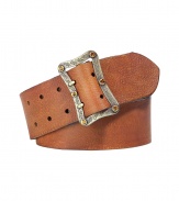 Stylish belt in brown, washed leather - In trendy vintage look - Very high quality and fine craftsmanship - Medium wide with a rodeo inspired buckle - Cool and contemporary - Works as a harmonious complement to jeans - or as a sexy accent, for example, over a long cardigan or shirtwaist dress