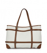 Carry your essential items in style with this ultra-luxe leather and linen tote from Valentino - Classic carryall shape, two adjustable shoulder straps, leather trim, embossed leather logo detail -  Perfect for everyday use or for chic traveling